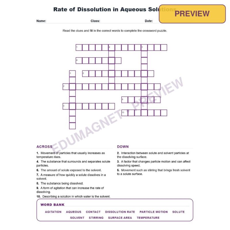 Rate Of Dissolution In Aqueous Solutions (Crossword Worksheets) Grade 7 Science TEKS 7.6E