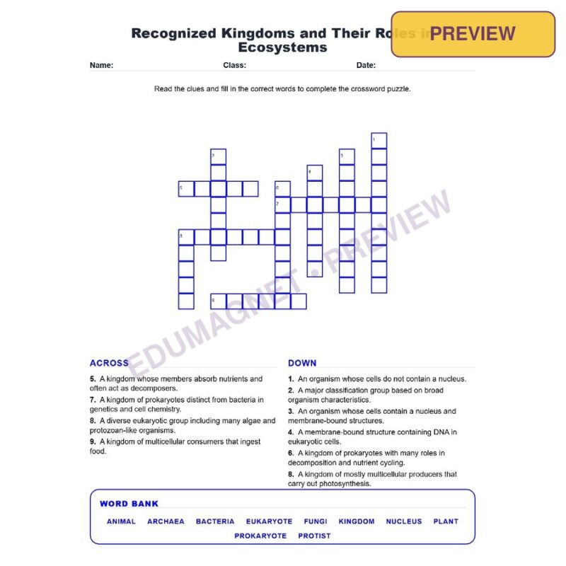 Recognized Kingdoms And Their Roles In Ecosystems (Crossword Worksheets) Grade 7 Science TEKS 7.14B