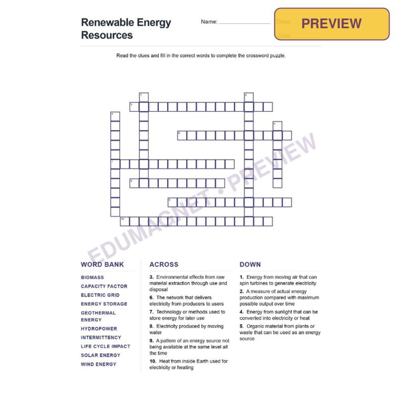Renewable Energy Resources (Crossword Worksheets) Grade 7 NGSS