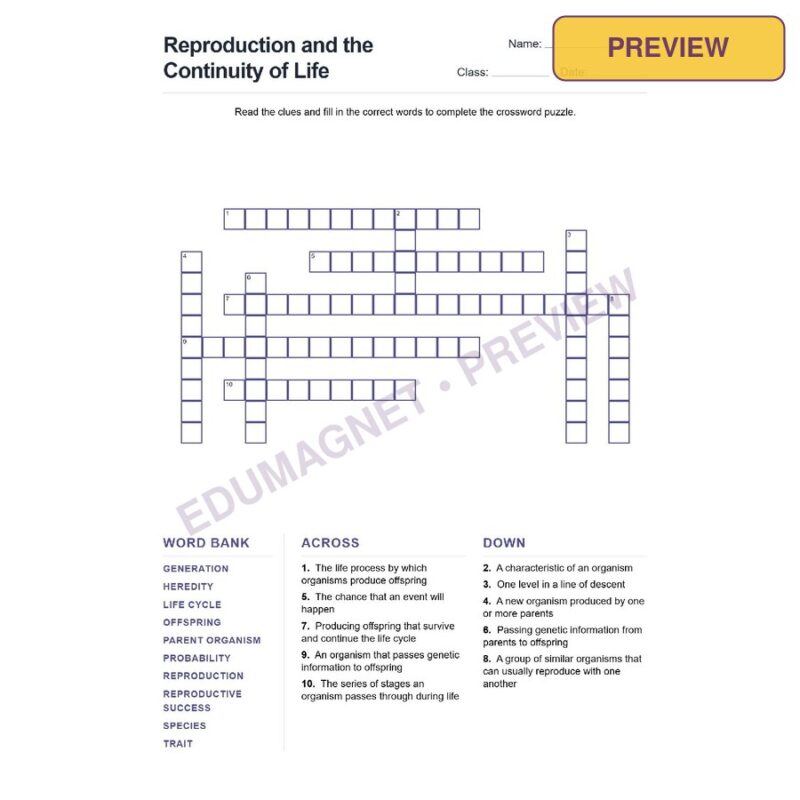 Reproduction And The Continuity Of Life (Crossword Worksheets) Grade 7 NGSS