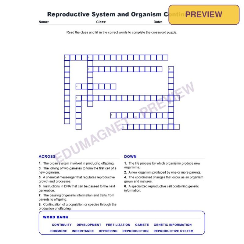 Reproductive System And Organism Continuity (Crossword Worksheets) Grade 7 Science TEKS 7.13A