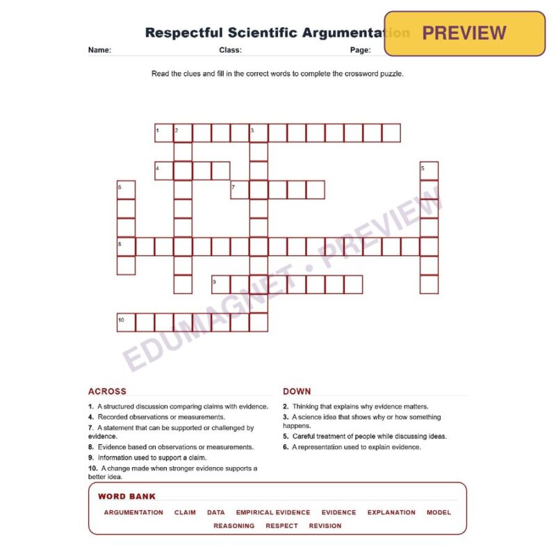 Respectful Scientific Argumentation (Crossword Worksheets) Science TEKS 7.3C