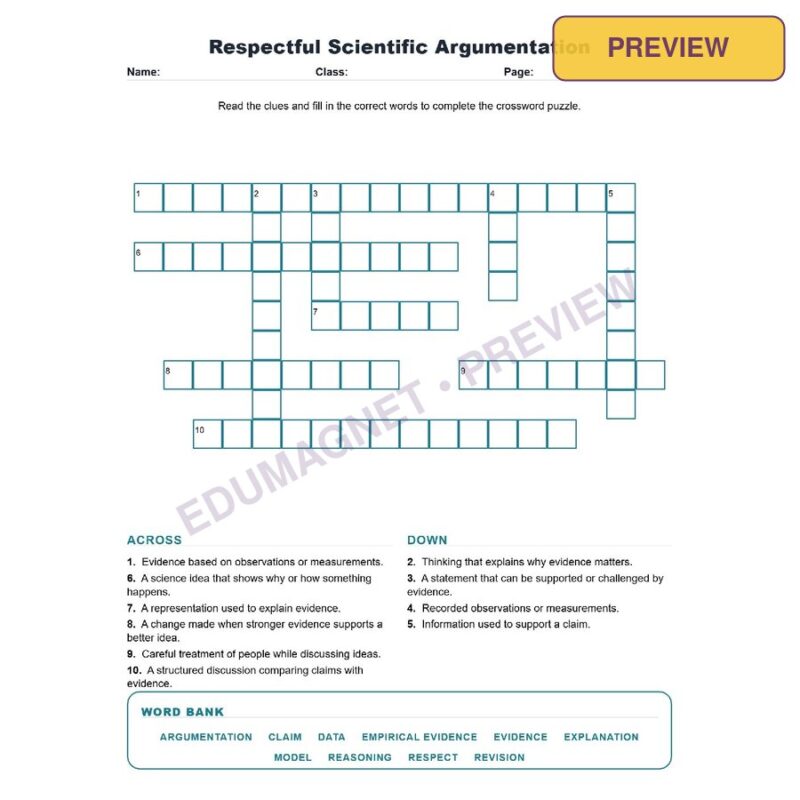 Respectful Scientific Argumentation (Crossword Worksheets) Science TEKS 8.3C