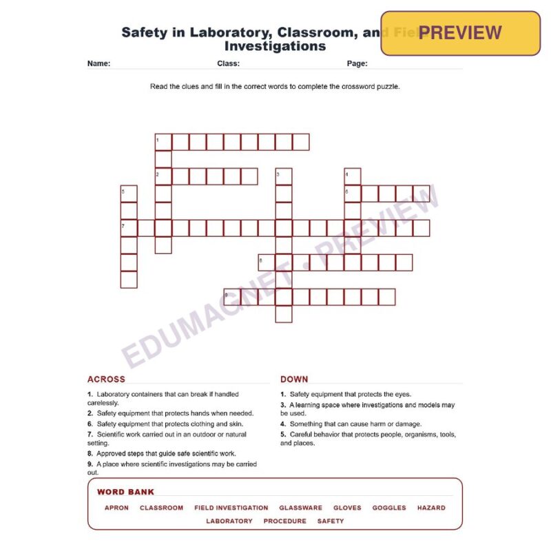 Safety In Laboratory, Classroom, And Field Investigations (Crossword Worksheets) Science TEKS 7.1C