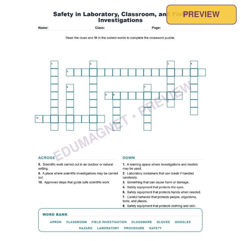 Safety In Laboratory, Classroom, And Field Investigations (Crossword Worksheets) Science TEKS 8.1C