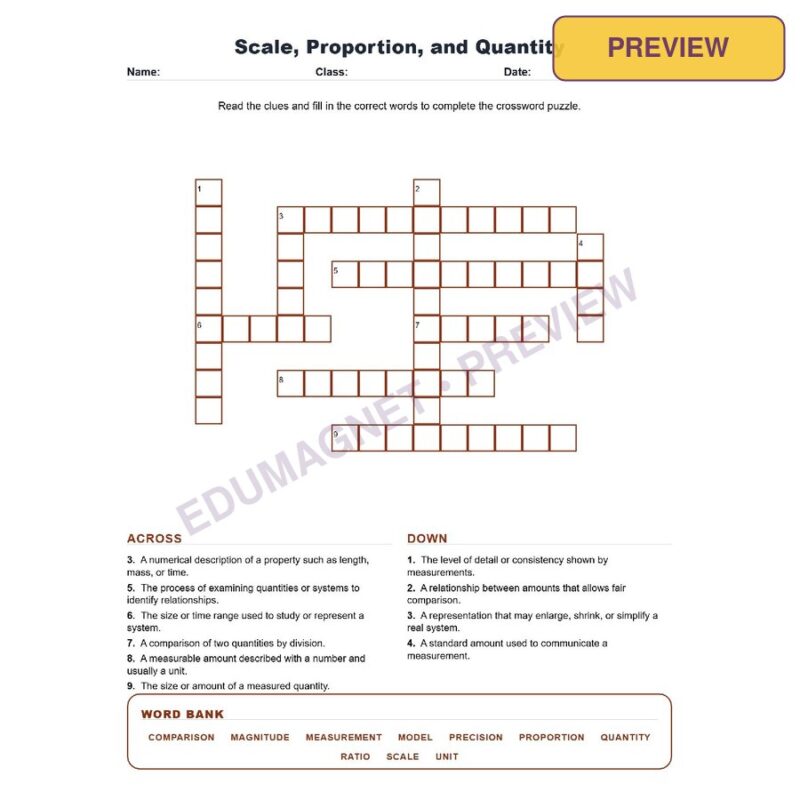 Scale, Proportion, And Quantity (Crossword Worksheets) Grade 7 Science TEKS 7.5C