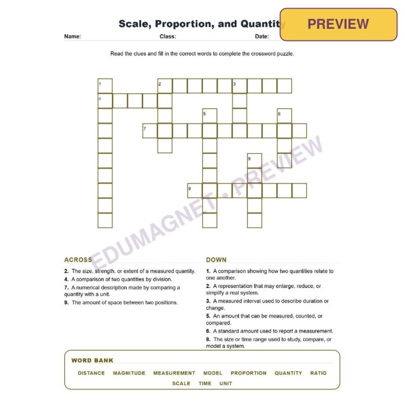 Scale, Proportion, And Quantity (Crossword Worksheets) Grade 8 Science TEKS 8.5C