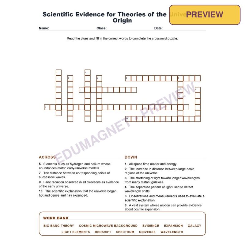 Scientific Evidence For Theories Of The Universe’S Origin (Crossword Worksheets) Grade 8 Science TEKS 8.9C