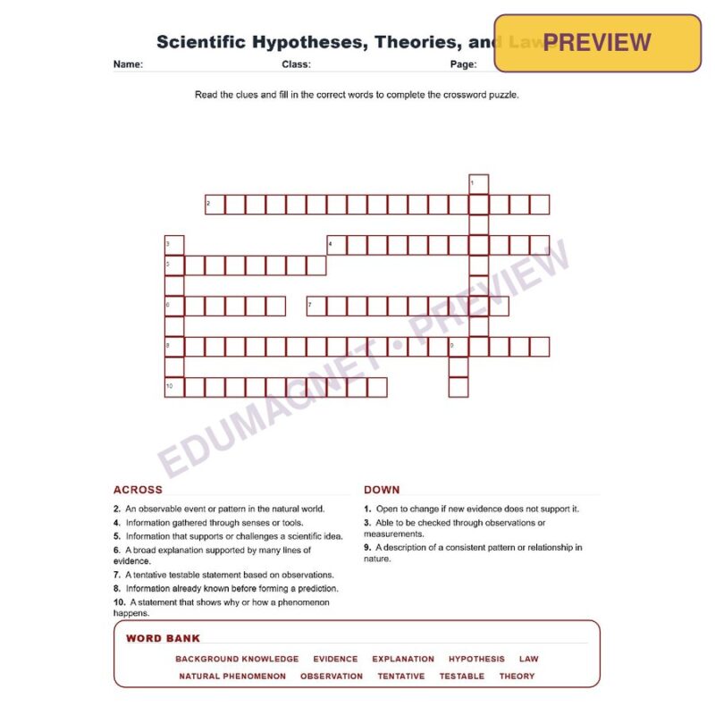 Scientific Hypotheses, Theories, And Laws (Crossword Worksheets) Science TEKS 7.1H