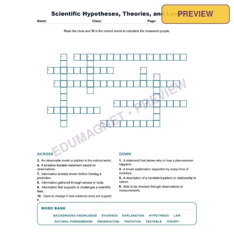 Scientific Hypotheses, Theories, And Laws (Crossword Worksheets) Science TEKS 8.1H