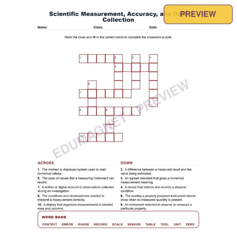 Scientific Measurement, Accuracy, And Data Collection (Crossword Worksheets) NGSS SEP