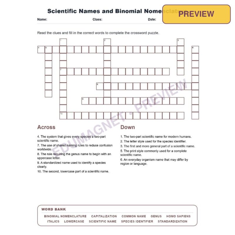Scientific Names And Binomial Nomenclature (Crossword Worksheets) Virginia SOL LS.3c