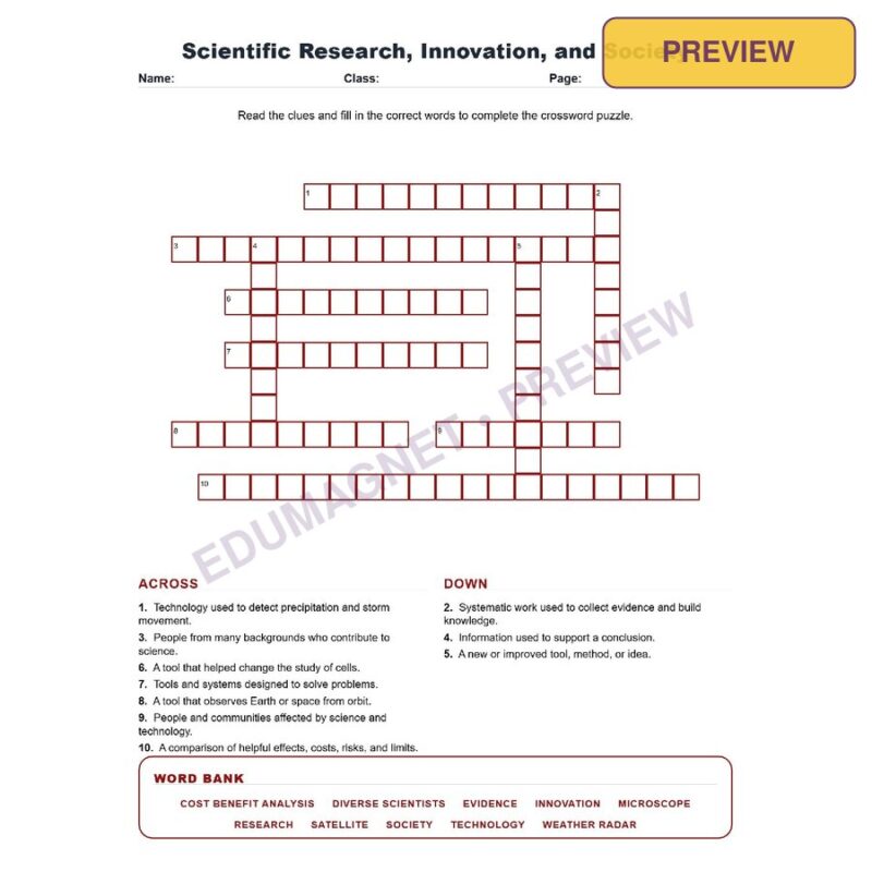 Scientific Research, Innovation, And Society (Crossword Worksheets) Science TEKS 7.4A