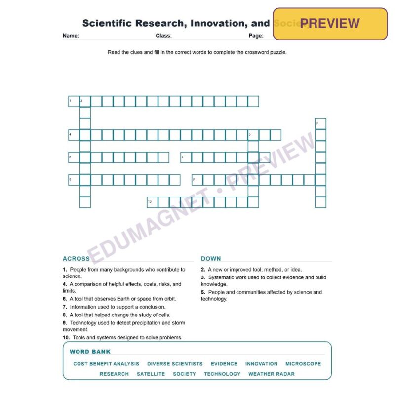 Scientific Research, Innovation, And Society (Crossword Worksheets) Science TEKS 8.4A