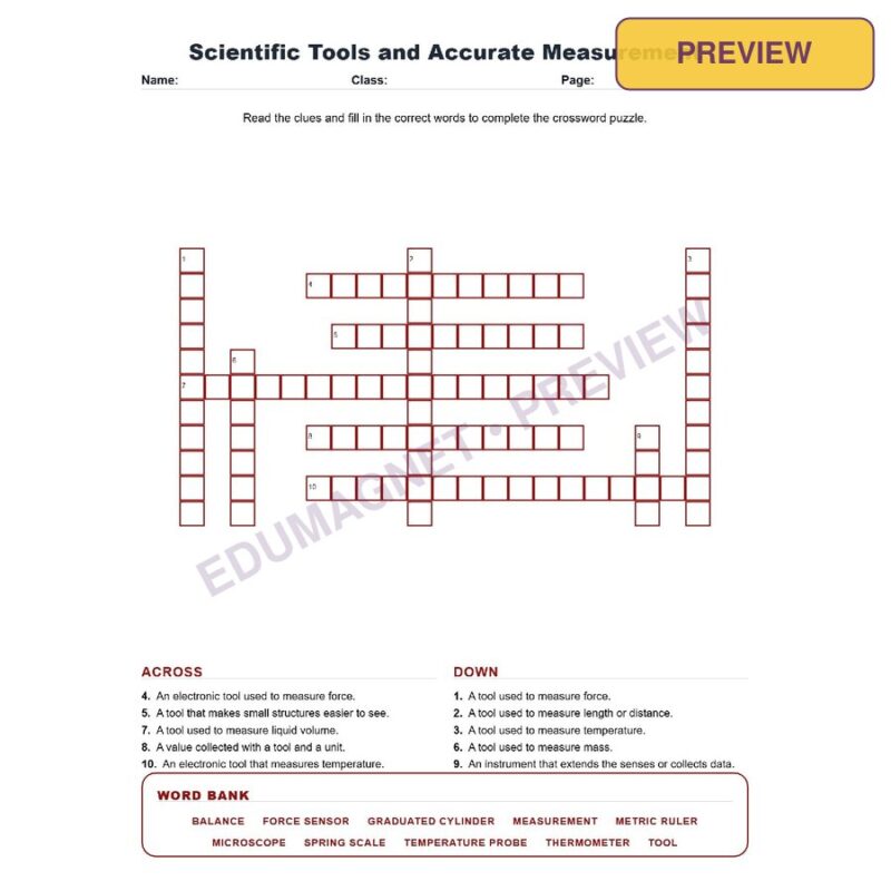 Scientific Tools And Accurate Measurement (Crossword Worksheets) Science TEKS 7.1D