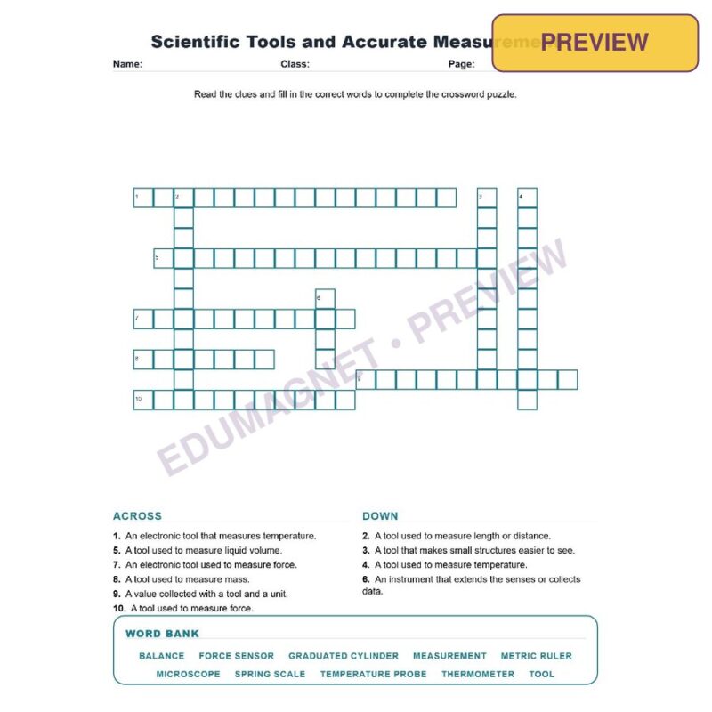 Scientific Tools And Accurate Measurement (Crossword Worksheets) Science TEKS 8.1D