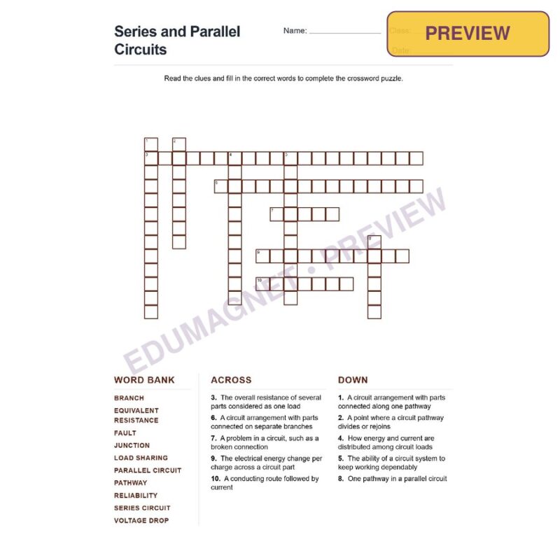 Series And Parallel Circuits (Crossword Worksheets) Grade 7 NGSS