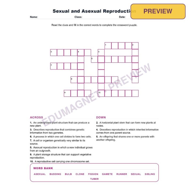 Sexual And Asexual Reproduction (Crossword Worksheets) NGSS MS LS3 2