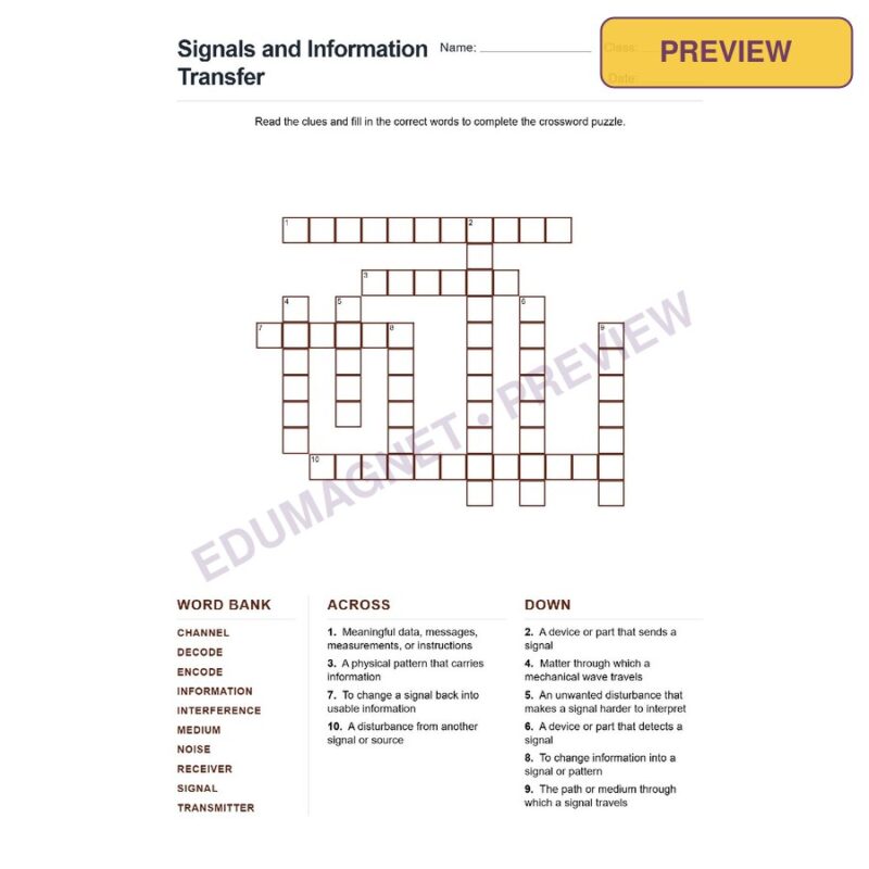 Signals And Information Transfer (Crossword Worksheets) Grade 7 NGSS