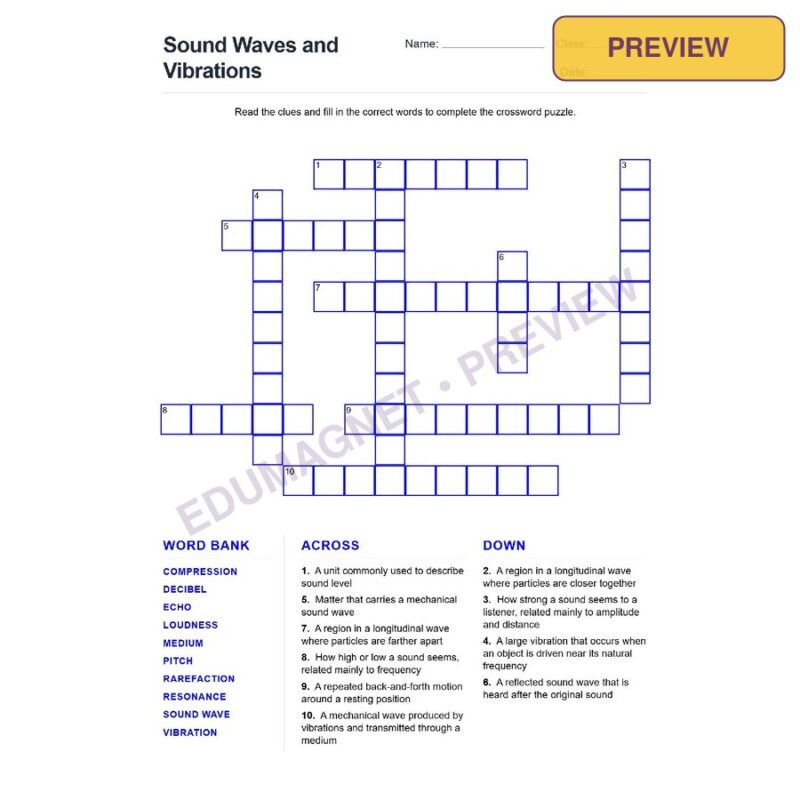 Sound Waves And Vibrations (Crossword Worksheets) Grade 7 NGSS