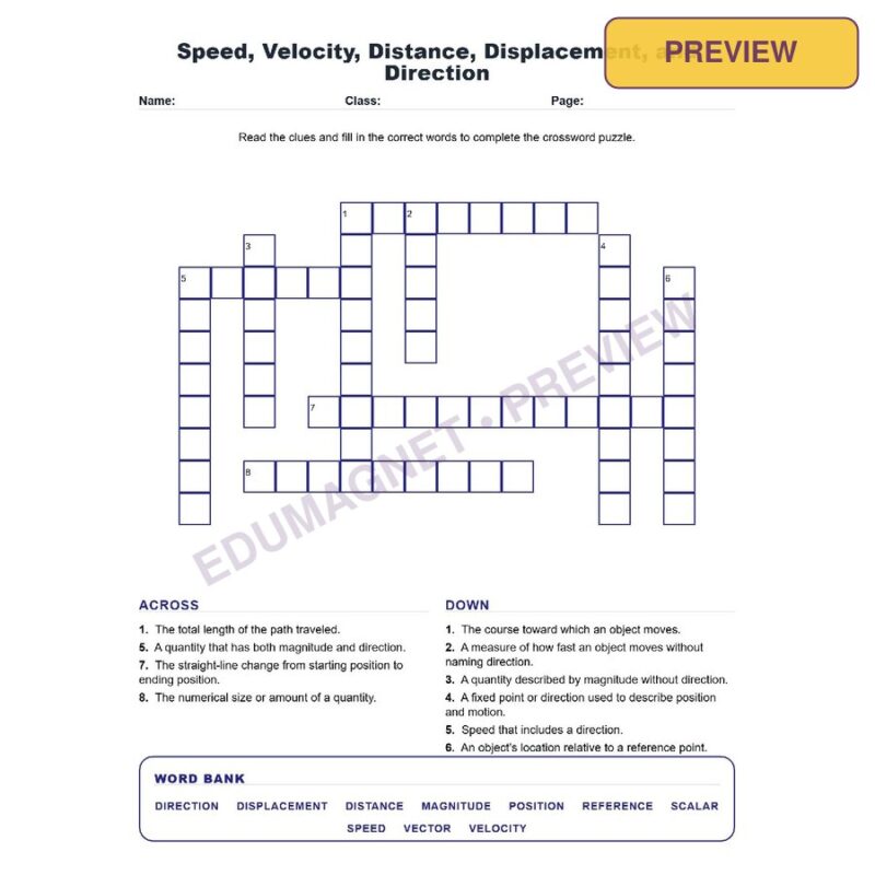 Speed, Velocity, Distance, Displacement, And Direction (Crossword Worksheets) Science TEKS7.7B