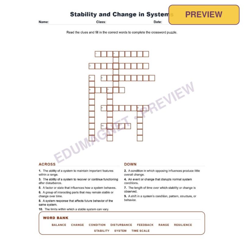 Stability And Change In Systems (Crossword Worksheets) Grade 7 Science TEKS 7.5G