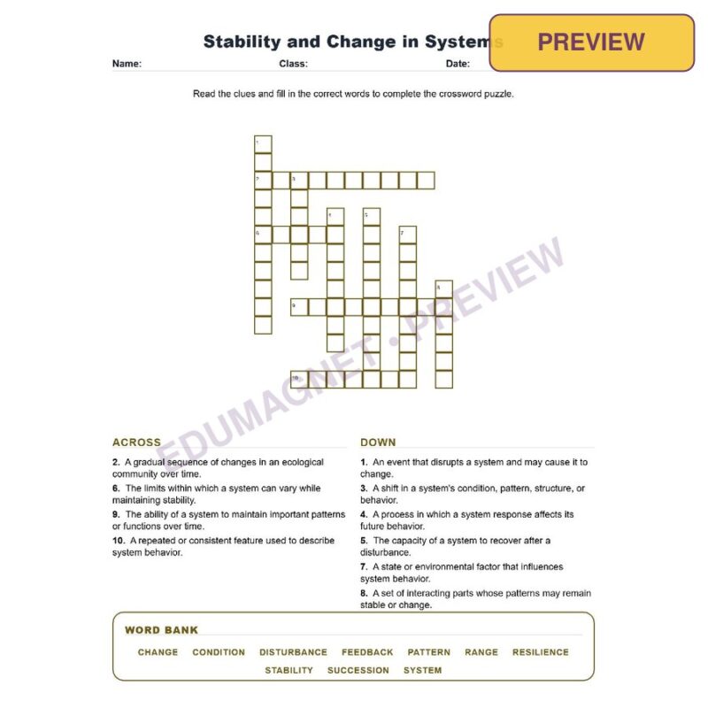 Stability And Change In Systems (Crossword Worksheets) Grade 8 Science TEKS 8.5G