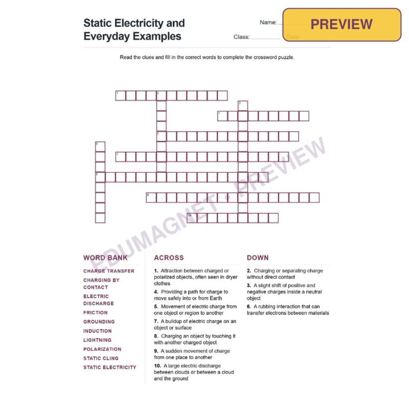 Static Electricity And Everyday Examples (Crossword Worksheets) Grade 7 NGSS