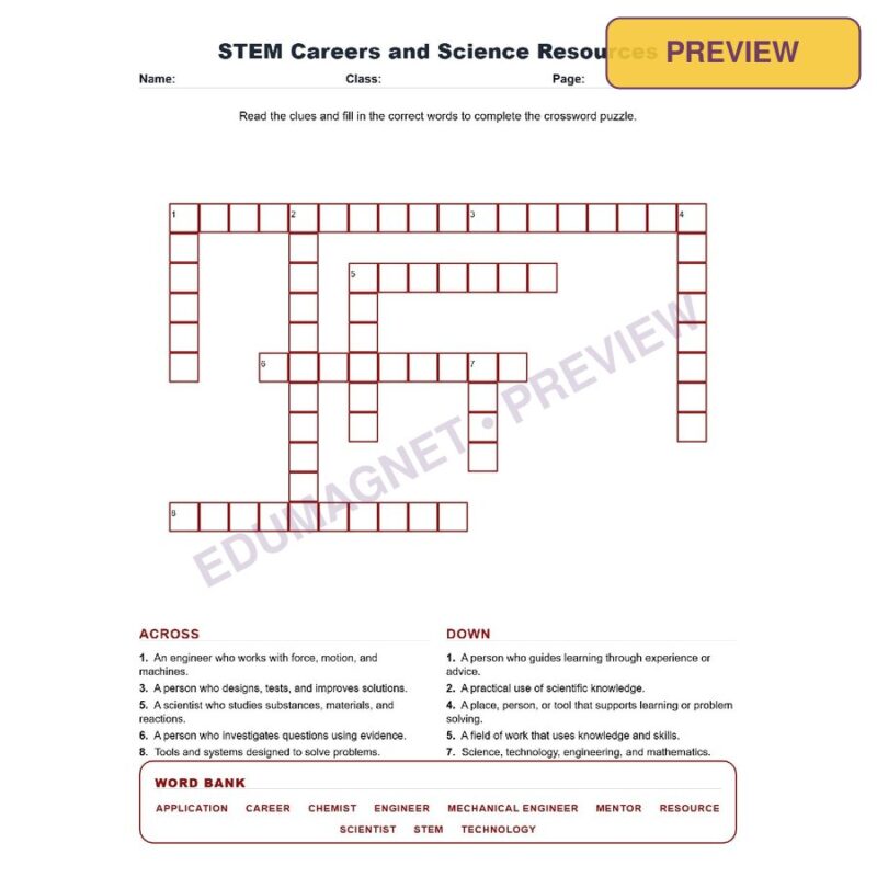 STEM Careers And Science Resources (Crossword Worksheets) Science TEKS 7.4C