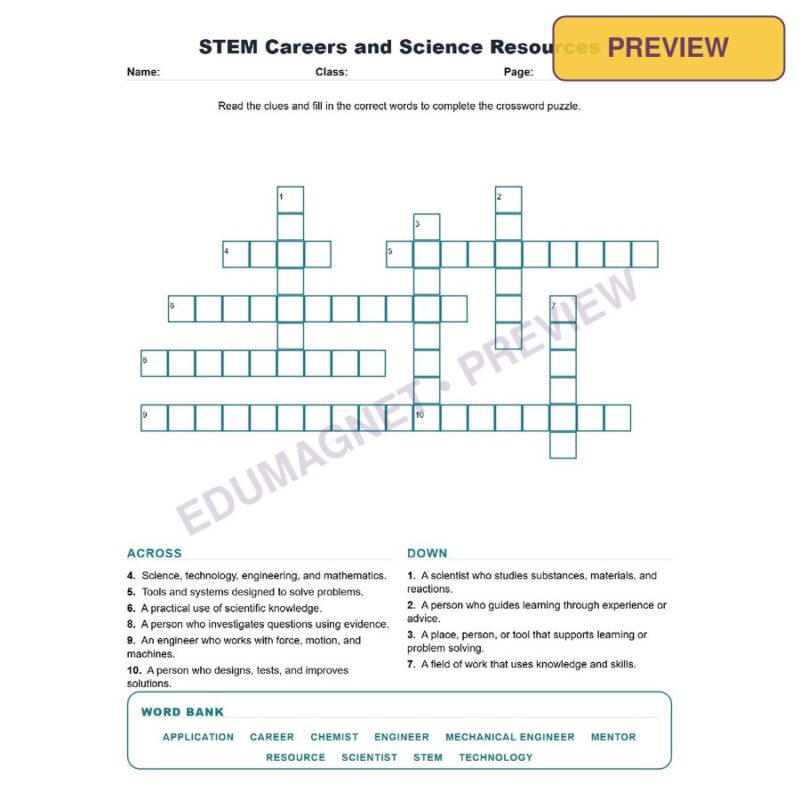 STEM Careers And Science Resources (Crossword Worksheets) Science TEKS 8.4C