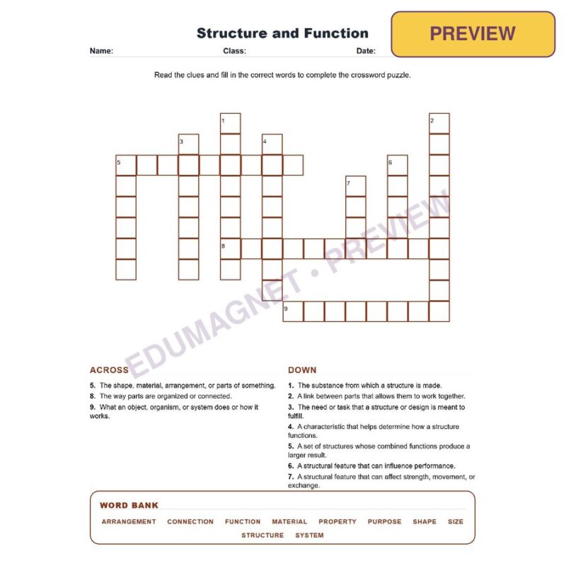 Structure And Function (Crossword Worksheets) Grade 7 Science TEKS 7.5F
