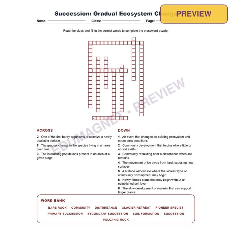 Succession Gradual Ecosystem Change (Crossword Worksheets) Virginia Life Science SOL LS.8
