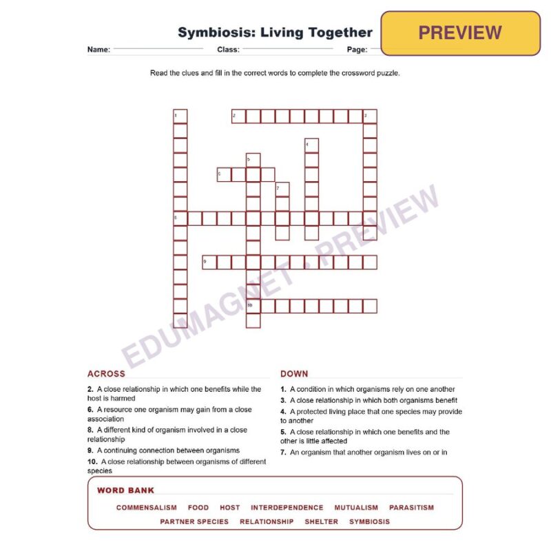 Symbiosis Living Together (Crossword Worksheets) Virginia SOL LS.6 And LS.7