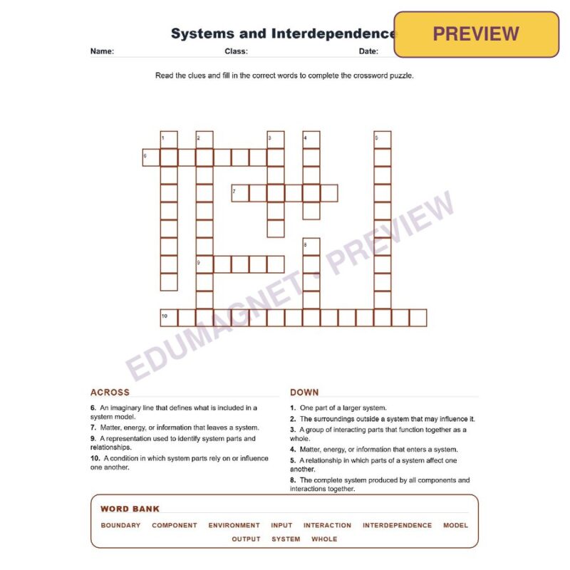 Systems And Interdependence (Crossword Worksheets) Grade 7 Science TEKS 7.5D