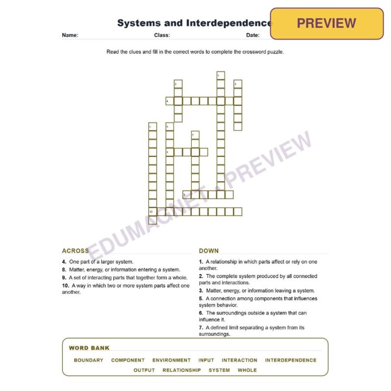 Systems And Interdependence (Crossword Worksheets) Grade 8 Science TEKS 8.5D