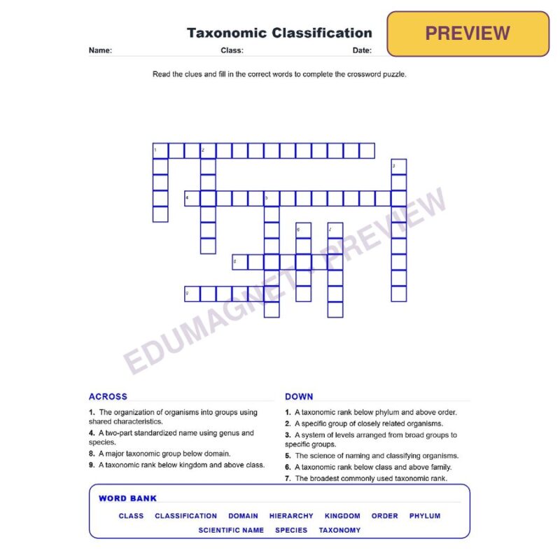 Taxonomic Classification (Crossword Worksheets) Grade 7 Science TEKS 7.14A