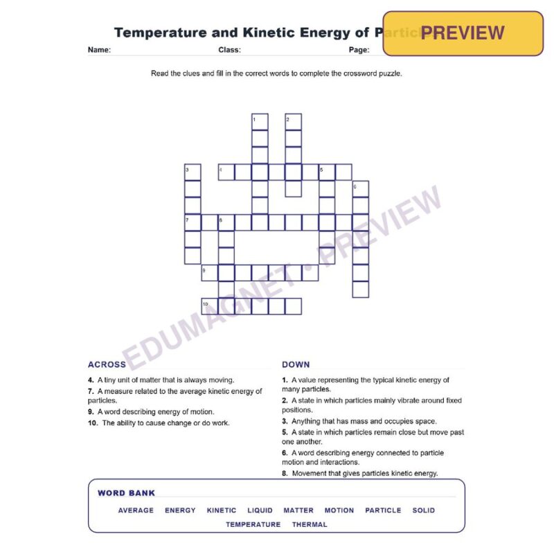 Temperature And Kinetic Energy Of Particles (Crossword Worksheets) Science TEKS 7.8C