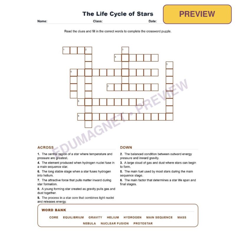 The Life Cycle Of Stars (Crossword Worksheets) Grade 8 Science TEKS 8.9A