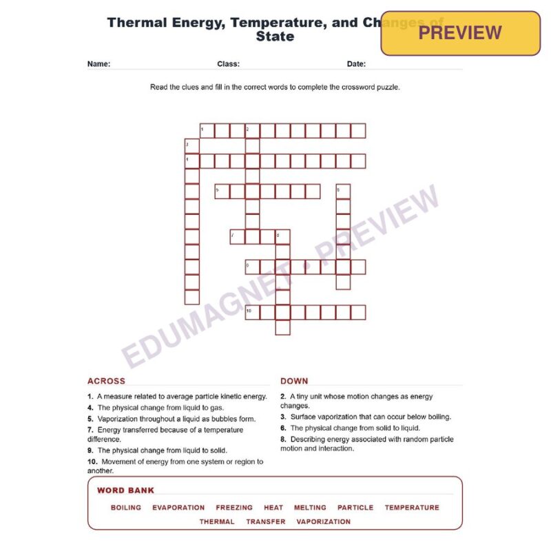 Thermal Energy Temperature And Changes Of State (Crossword Worksheets) Grade 8 NGSS MS PS1 4
