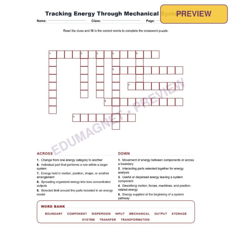 Tracking Energy Through Mechanical Systems (Crossword Worksheets) NGSS MS PS3