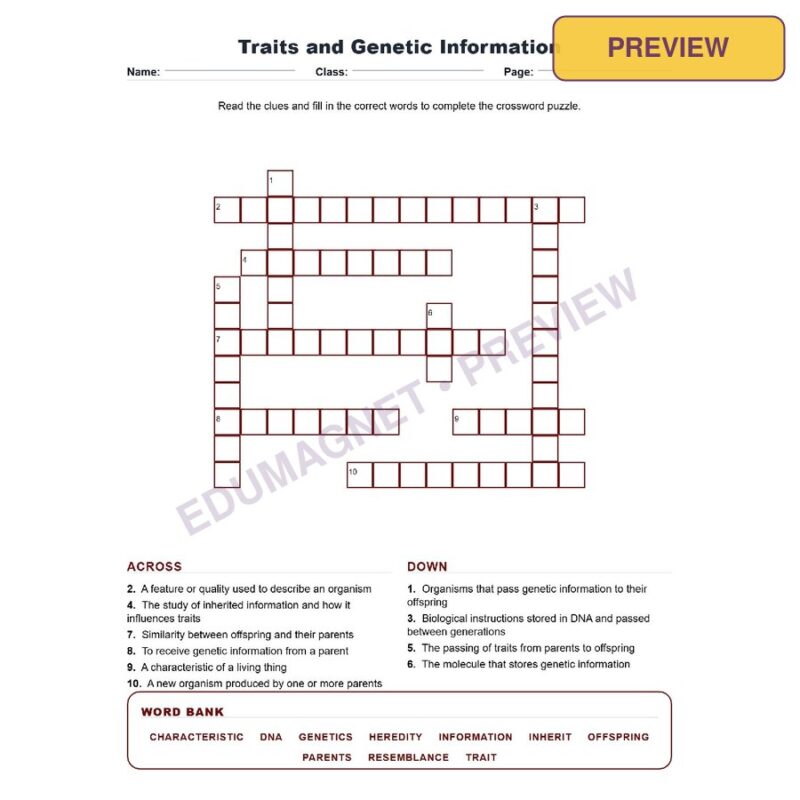 Traits And Genetic Information (Crossword Worksheets) Virginia SOL LS.10