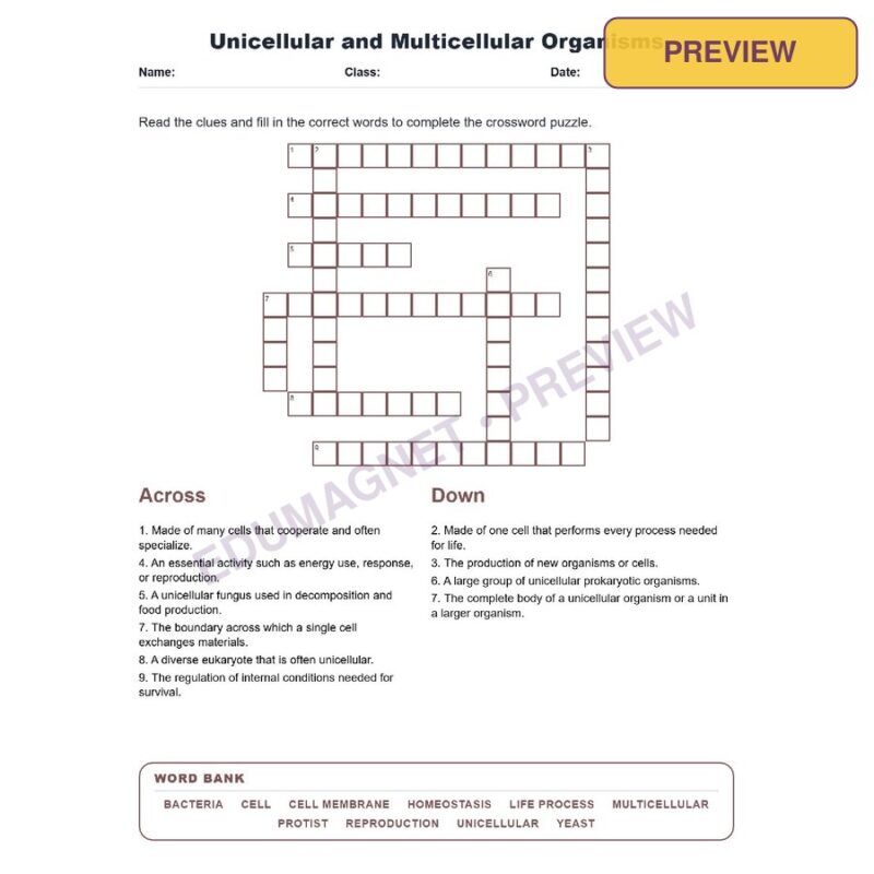 Unicellular And Multicellular Organisms (Crossword Worksheets) Virginia SOL LS.3b