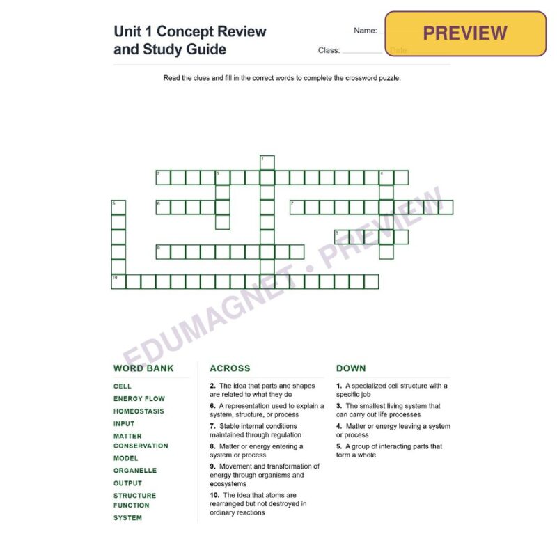 Unit 1 Concept Review And Study Guide (Crossword Worksheets) Grade 7 NGSS