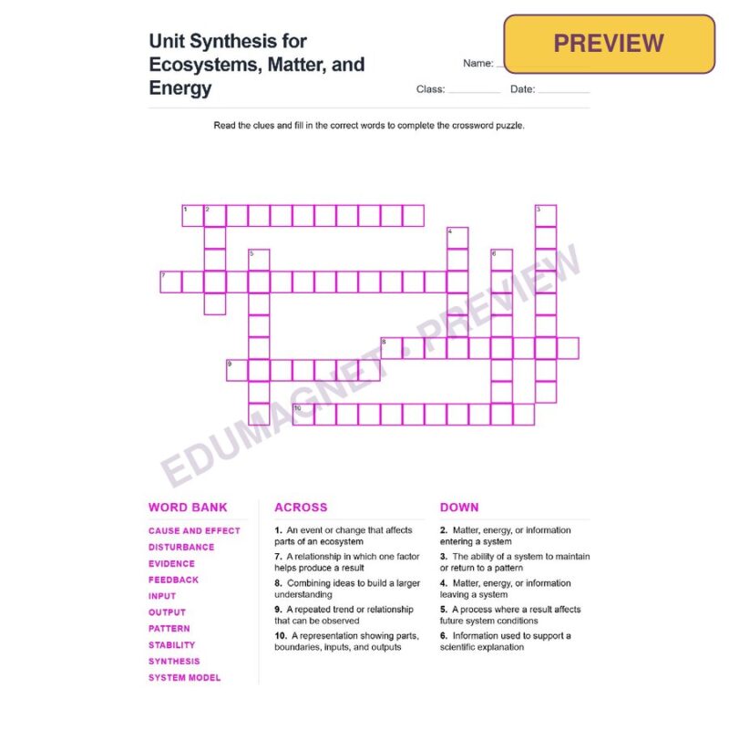 Unit Synthesis For Ecosystems, Matter, And Energy (Crossword Worksheets) Grade 7 NGSS