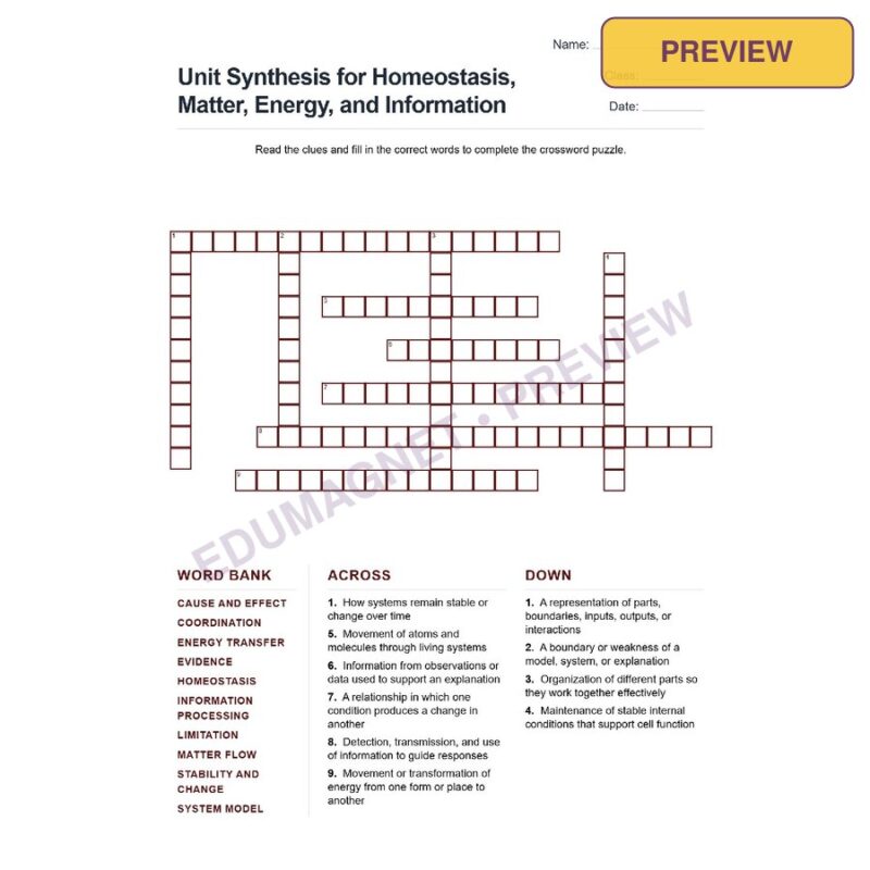Unit Synthesis For Homeostasis, Matter, Energy, And Information (Crossword Worksheets) Grade 7 NGSS