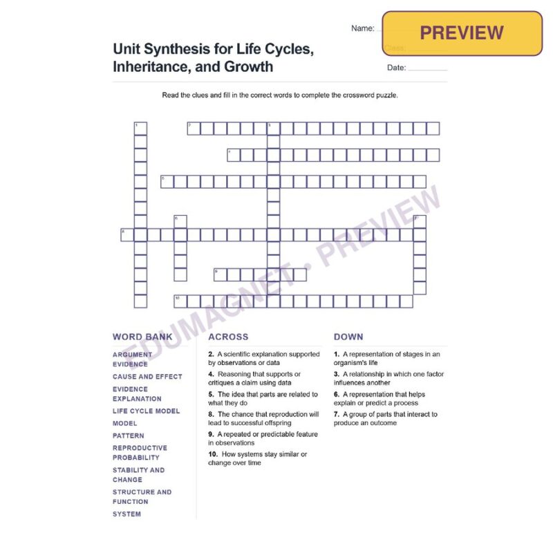 Unit Synthesis For Life Cycles Inheritance And Growth (Crossword Worksheets) Grade 7 NGSS