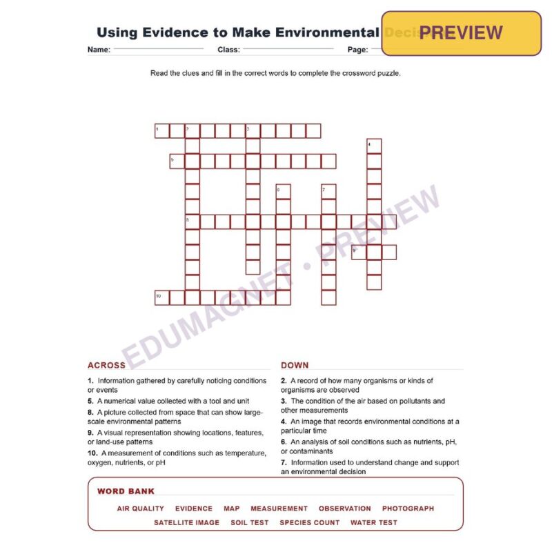 Using Evidence To Make Environmental Decisions (Crossword Worksheets) Virginia Grade 7 Life Science Unit 8