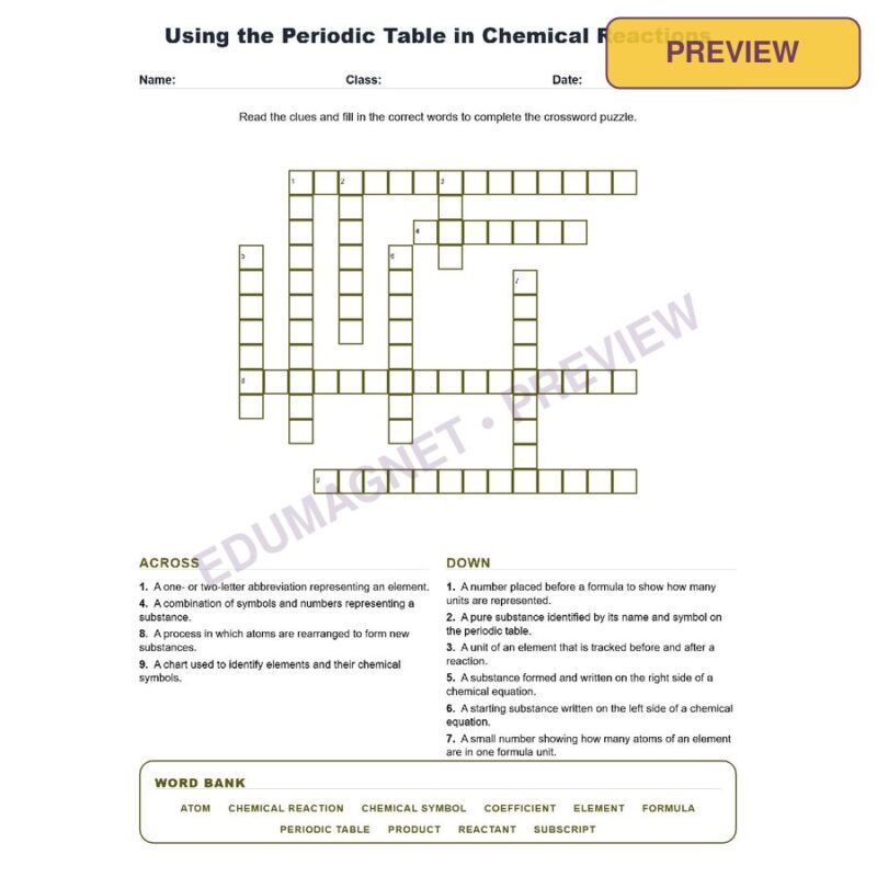 Using The Periodic Table In Chemical Reactions (Crossword Worksheets) Grade 8 Science TEKS 8.6B