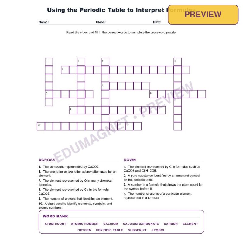 Using The Periodic Table To Interpret Formulas (Crossword Worksheets) Grade 7 Science TEKS 7.6B