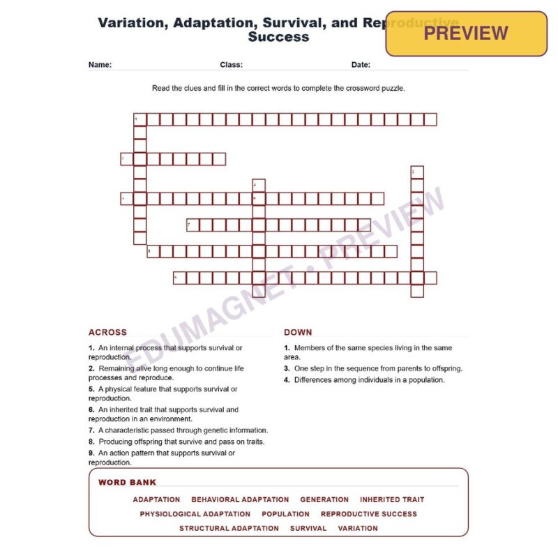 Variation, Adaptation, Survival, And Reproductive Success (Crossword Worksheets) Grade 8 Science TEKS 8.13C